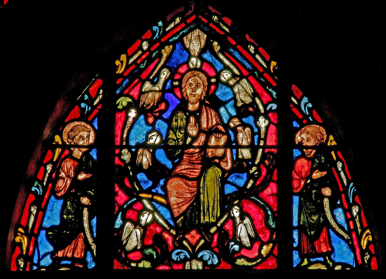 Raam w0 met Christus en de zeven duiven van de Heilige Geest door French School