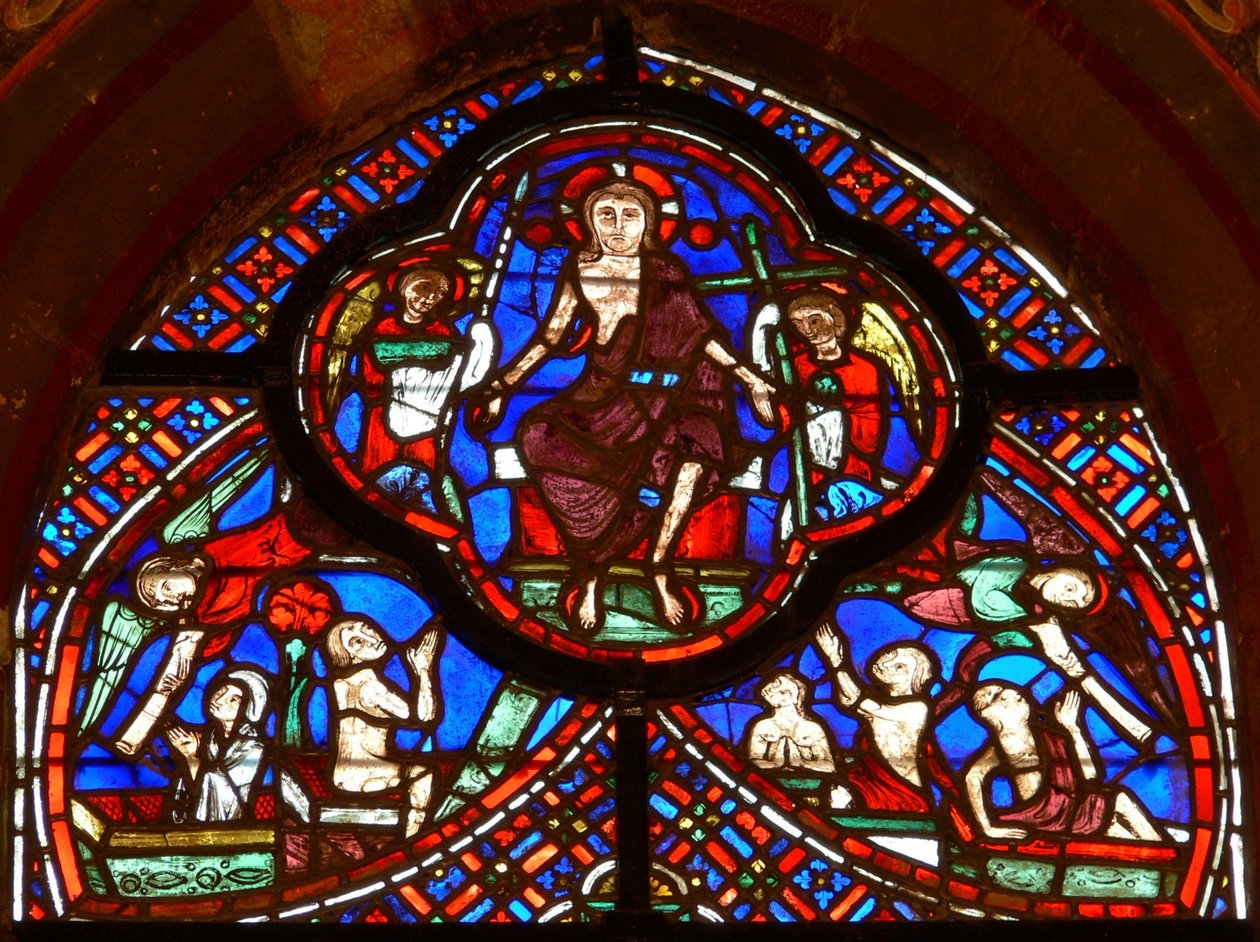 Ruit w0 met het Laatste Oordeel: Christus en engelen dragen de instrumenten van de kruisiging: lans en kruis door French School