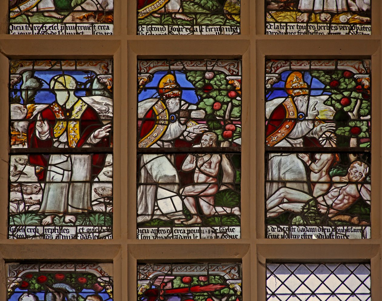 Raam w101 met de Schepping van vissen en dieren; Schepping van Adam & Eva door French School