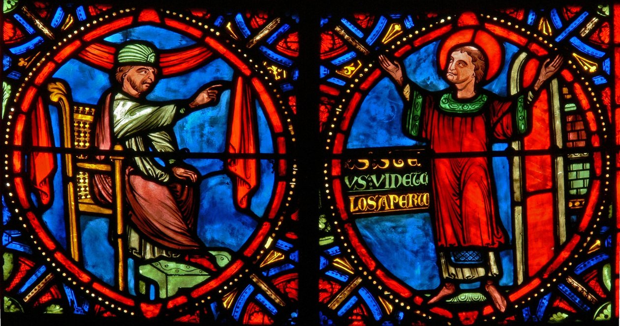 Raam w10 met de Hogepriester die St. Stefanus probeert te ontmoedigen om te prediken (modern) door French School