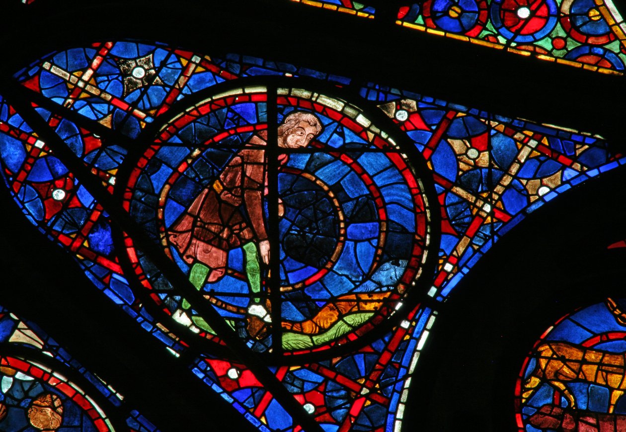 Raam w115 met Kaïn die de grond bewerkt door French School