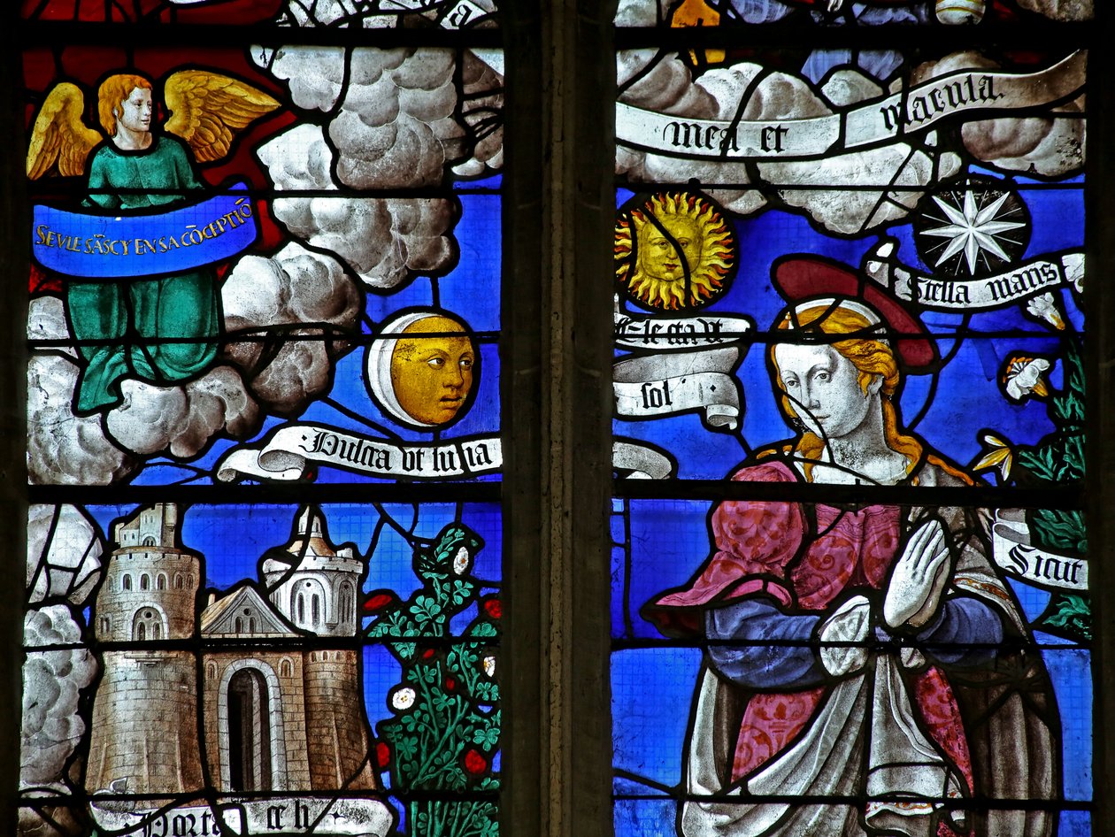 Ramen w11 met een detail van de Litanie van de Maagd Maria door French School