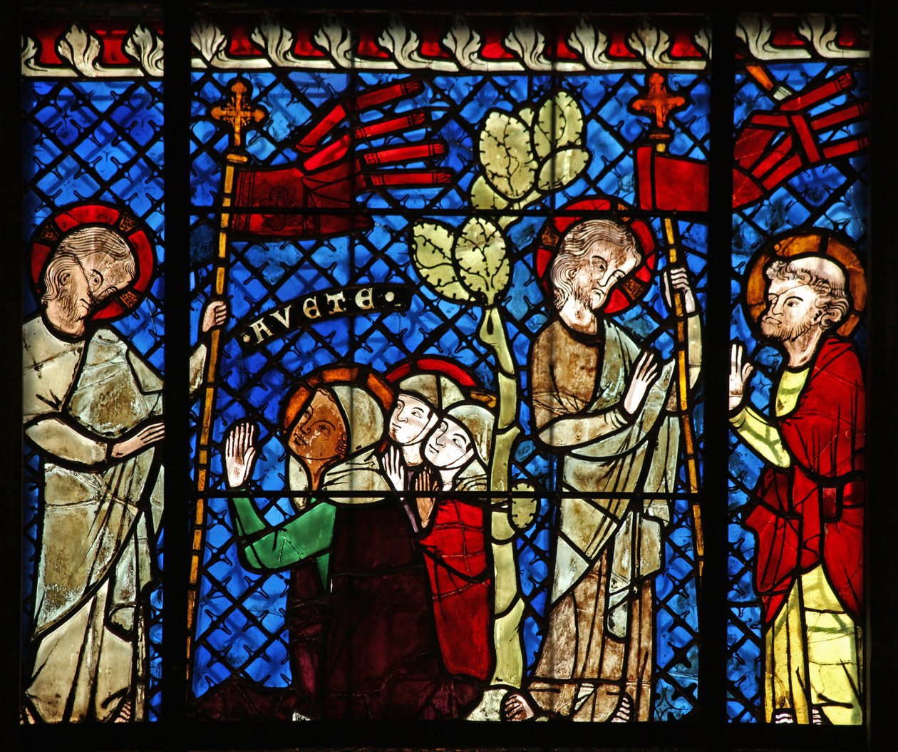 Venster w14 met Christus verschijnt aan de vrouwen en Sint-Petrus door French School