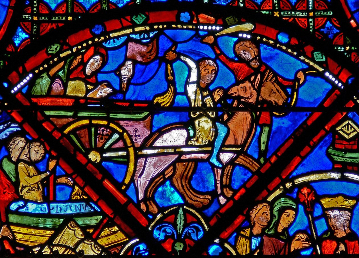 Raam w15 met het verhaal van de relieken van St. Stefanus: transport van de relieken per paard en wagen door French School
