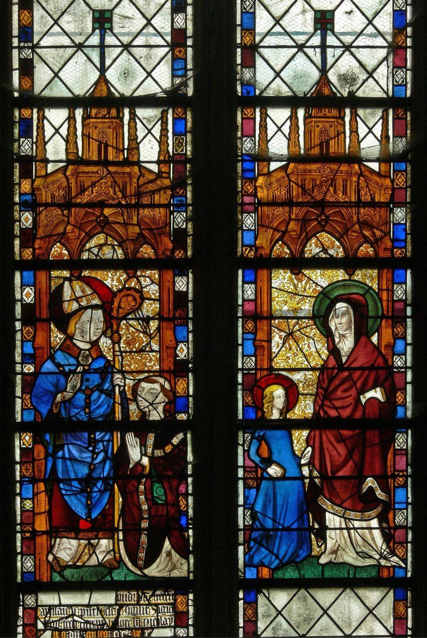 Raam w17 met St. Nicolaas en de schenker Oudin de Troyes; St. Anna en de Maagd Maria door French School
