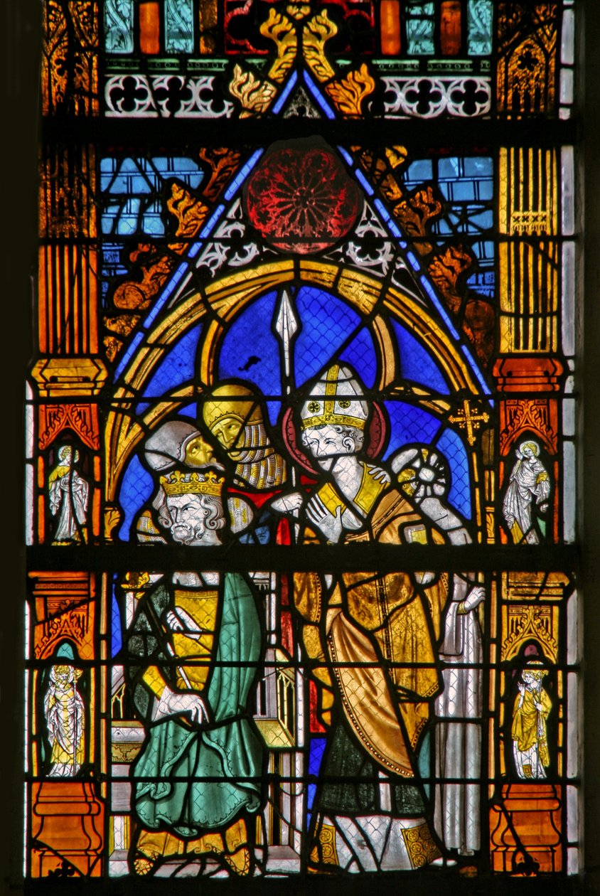 Raam w19 met afbeelding van St. Thomas Becket en Hendrik II die het oneens zijn door French School