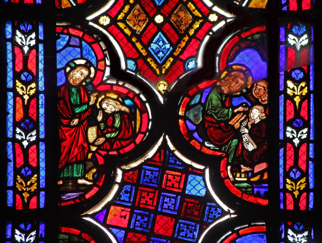 Raam w1 met Jezus met Martha en Maria Magdalena door French School