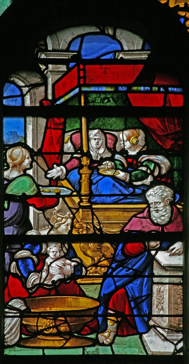 Raam w20 met een scène uit het leven van de Maagd Maria: haar geboorte door French School