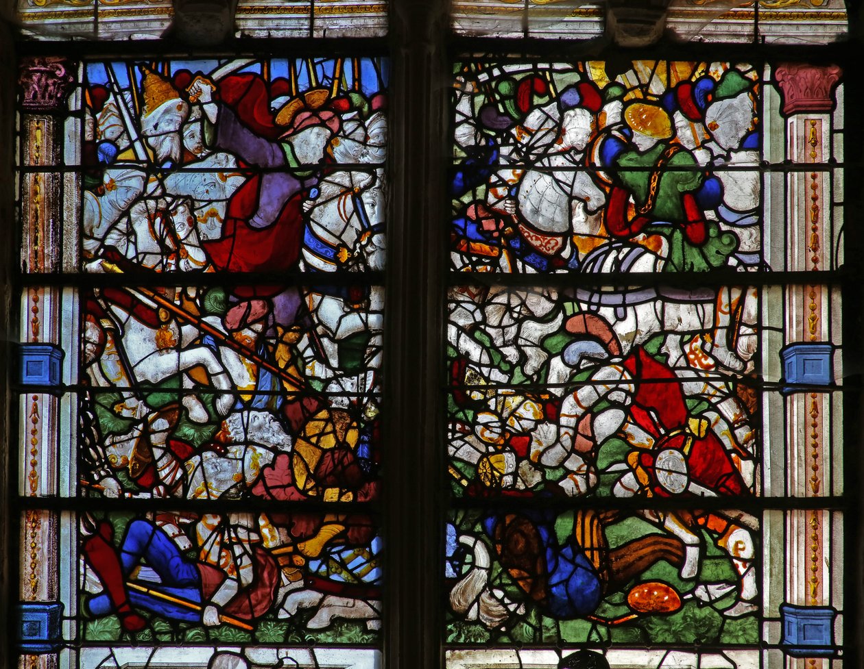 Raam w21 met St. Jacobus verschijnt bij de Slag van Clavijo door French School