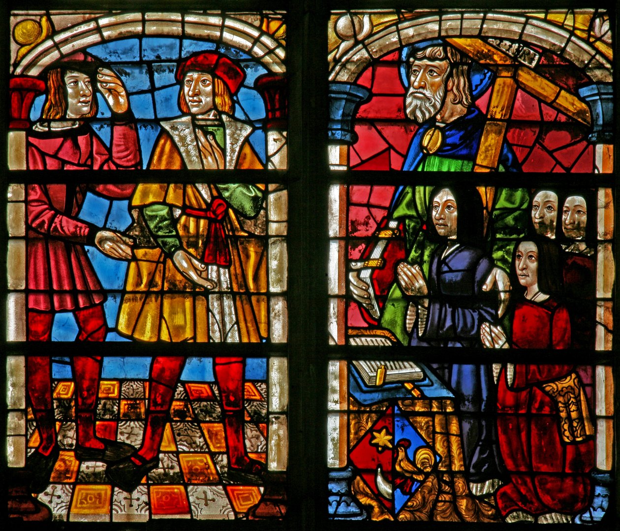 Raam w232 met een scène uit het verhaal van de Verloren Zoon: de woede van de oudere broer; vrouw, dochters, St. Simon van de schenker door French School