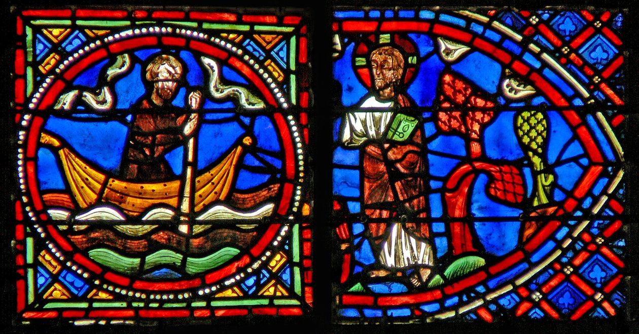 Raam w23 met St. Julian Hospitalier die elke nacht Christus aan de andere kant van de rivier ontmoet door French School