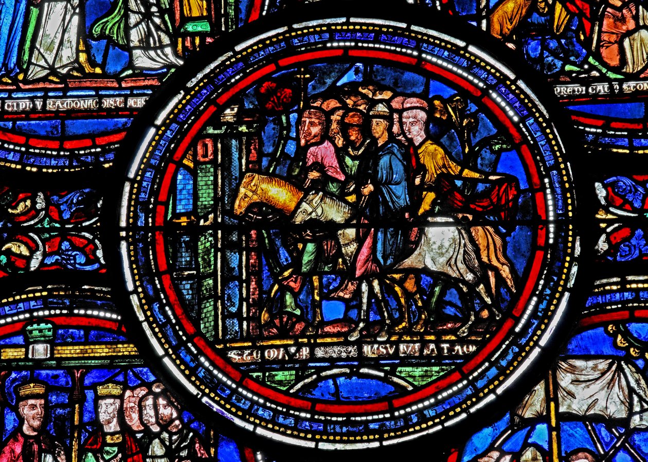 Raam w23 met St. Thomas Becket op weg naar Canterbury door French School