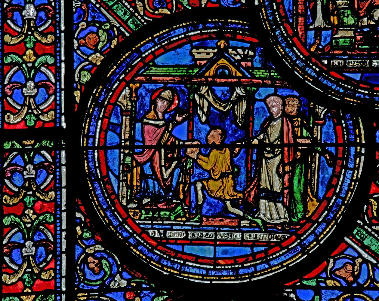 Raam w23 met St. Thomas Becket die een bericht van de koning ontvangt door French School