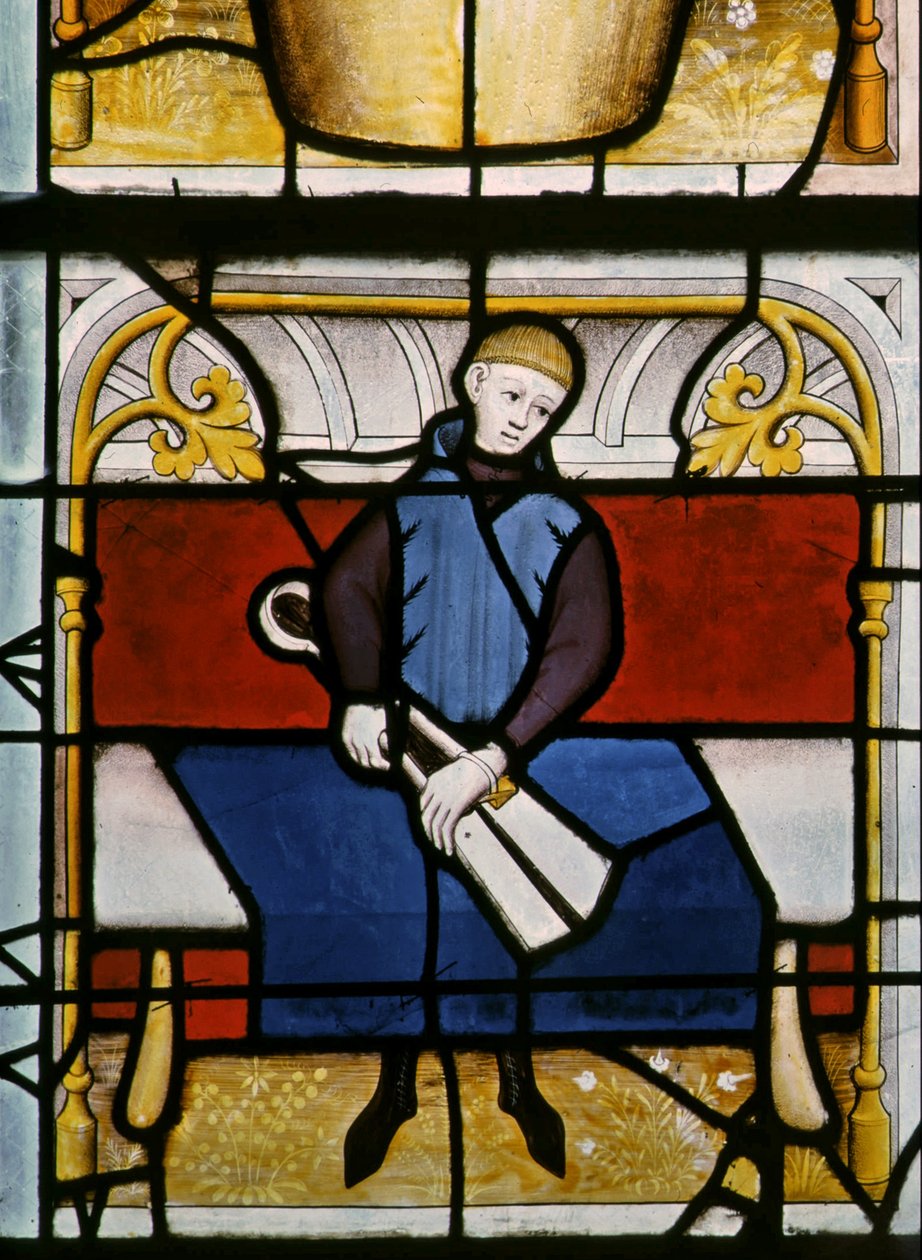 Raam w25 met een lakenhandelaar aan het werk in het Lakenhandelaarsraam door French School