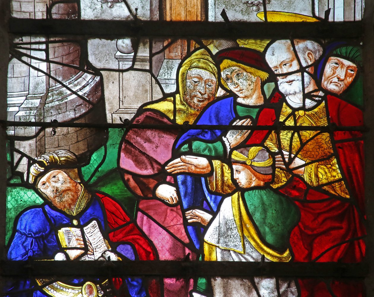 Raam w2 met St. Petrus met Simon Magus die zijn boeken verscheurt door French School