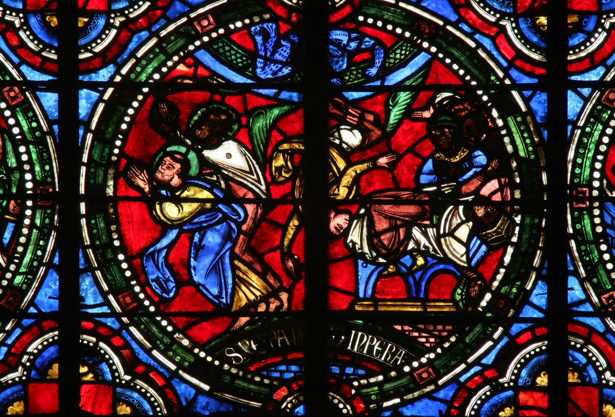 Ruit w2 met een scène uit het leven van St. Petrus: Simon Magus valt terwijl hij zijn vliegkunsten probeert te demonstreren door French School