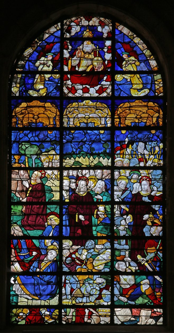 Raam w31 met Passiescènes: Gethsemane en de Opstanding door French School