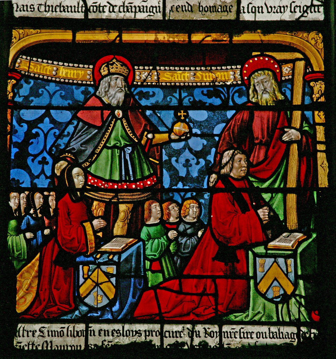 Raam w3 met schenkers - Henriette de Mauroy en Simon Liboron met hun kinderen en patroonheiligen St. Hendrik en Simon van Cyrene door French School