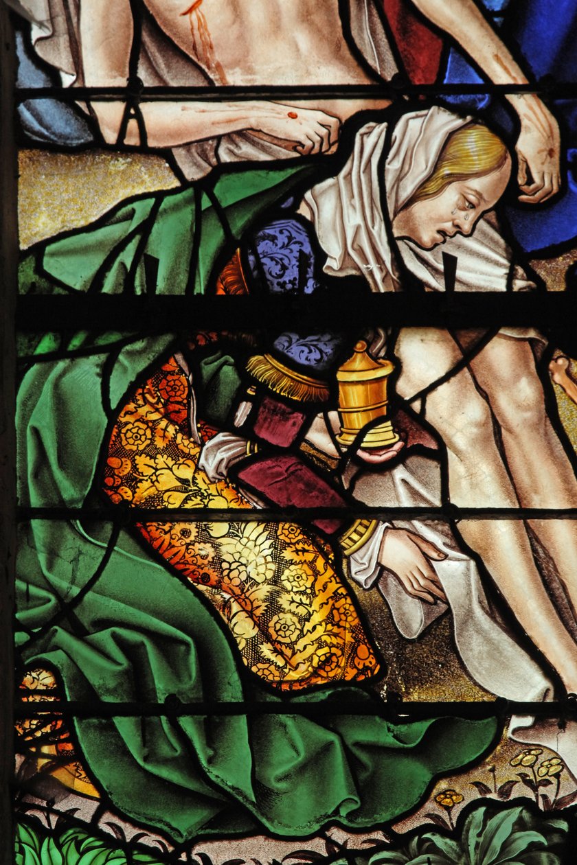 Raam w4 met afbeelding van een scène uit het leven van St. Maria Magdalena - de heilige bij de Kruisafneming door French School