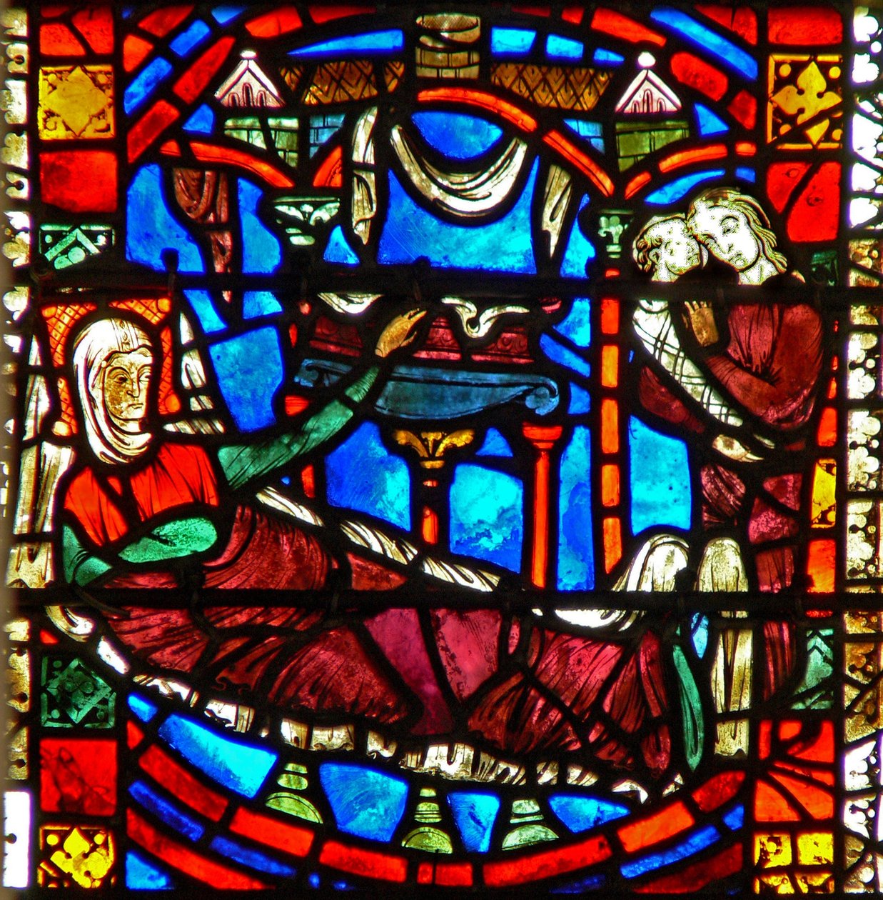 Raam w51 met afbeelding van de geboorte van St. Nicolaas door French School