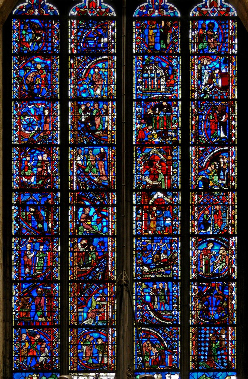 Raam w53 met afbeeldingen uit de levens van St. Catharina, St. Nicolaas, St. Johannes de Doper, St. Stefanus door French School