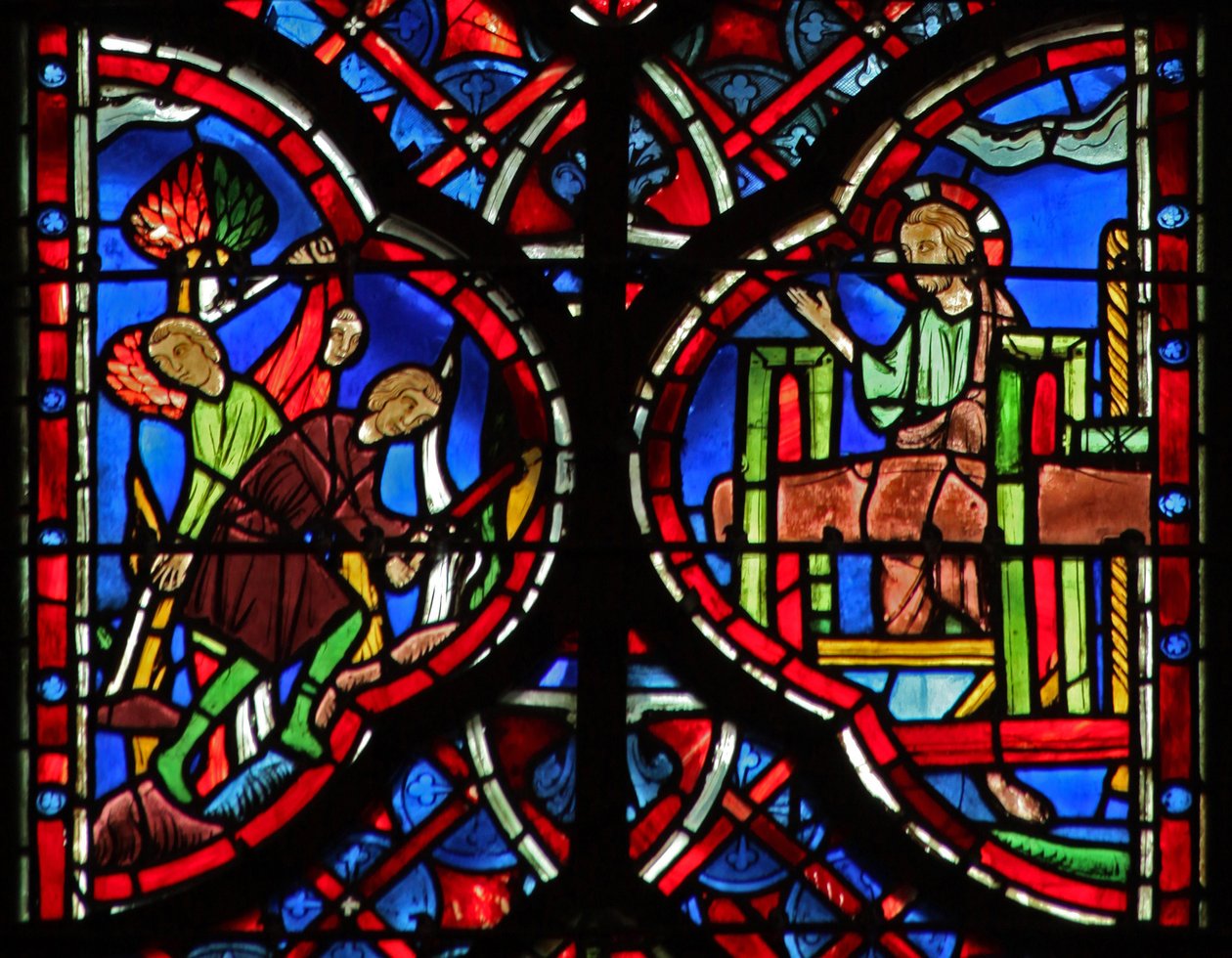 De bomen van het bos worden omgehakt met een bijl (L) Is X 33-34. Christus met de wijnpers (R) Is LXIII 1-6 door French School