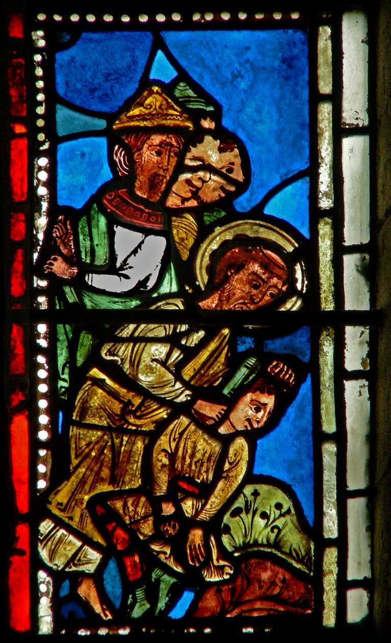 Raam wXV met St. Petrus die het oor van Malchus afsnijdt door French School