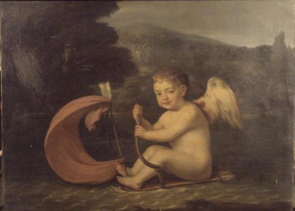 Gevleugelde Cupido, zeilend in een boot met kokerromp en pijlmast, ca.1800 door French School