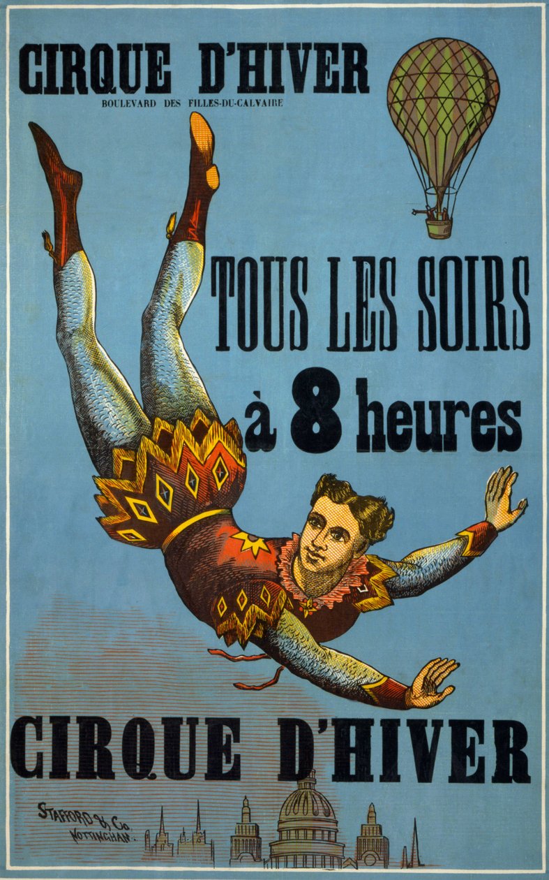 Wintercircus elke avond om 8 uur: Reclameposter gemaakt door Stafford Co en Nottingham, voor een circusshow in Cirque d