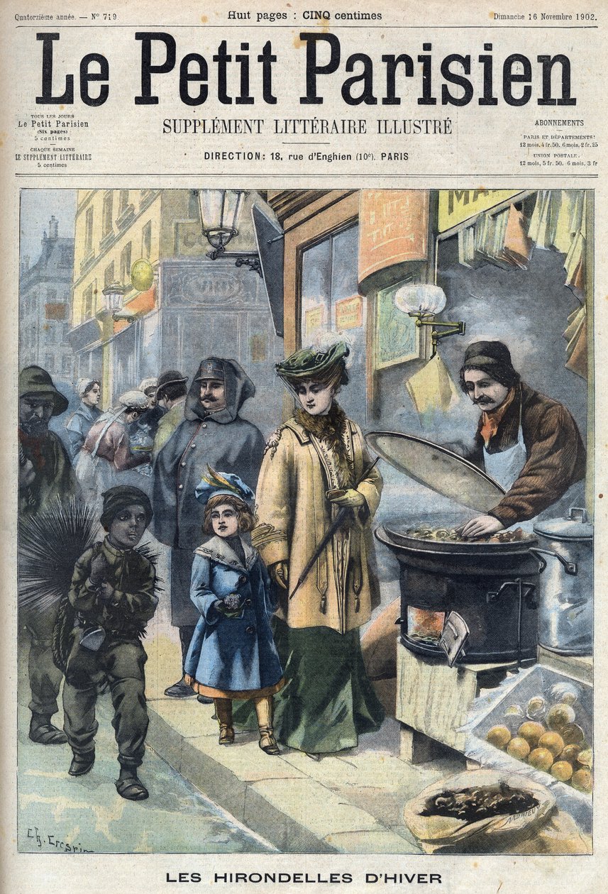 Winterzwaluwen: een jonge schoorsteenveger op straat bedekt met roet. Op de stoep een politieagent, een moeder en dochter met een kastanjeverkoper. Gravure in "Le Petit Parisien" door French School