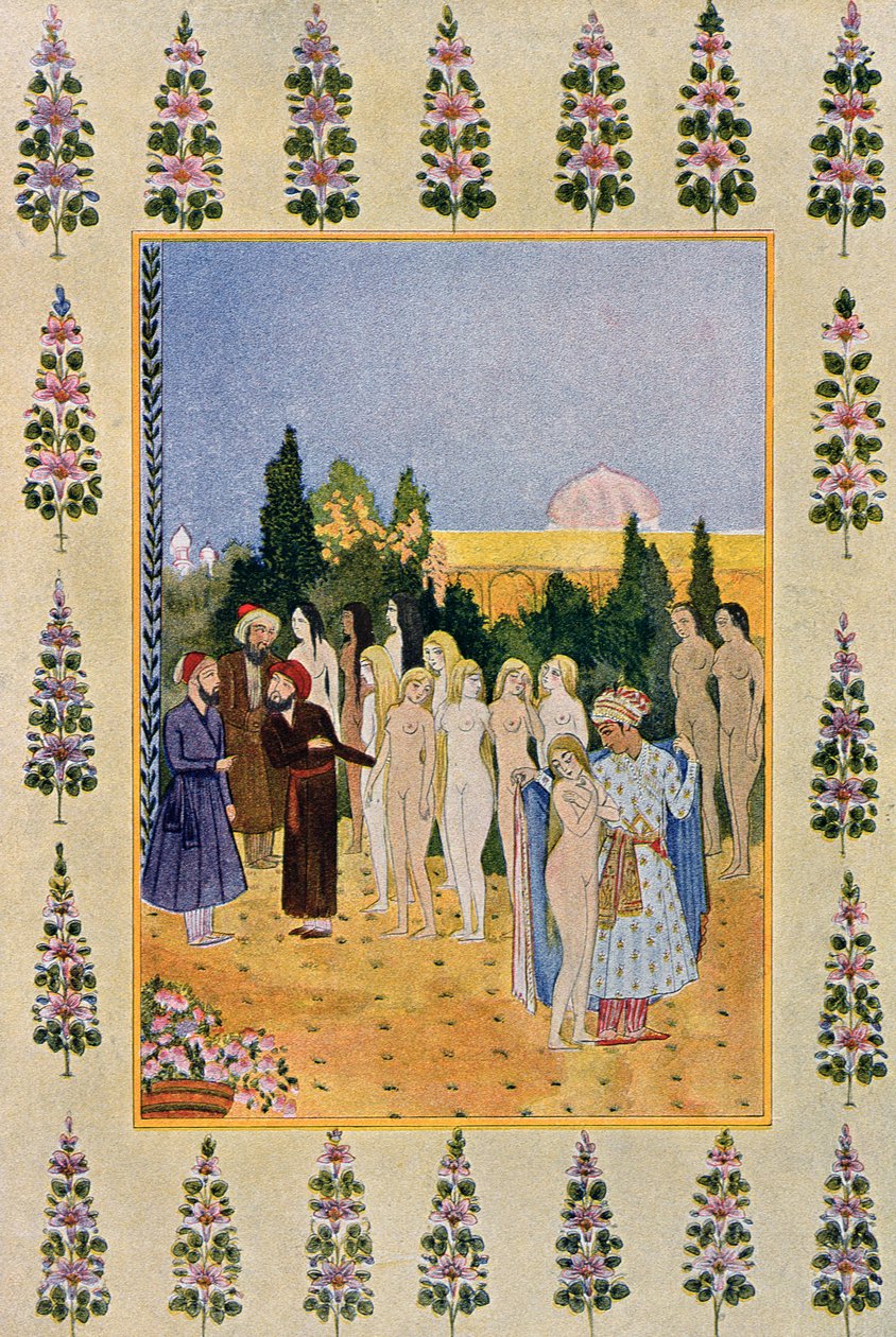 Met mijn Mantel Zal ik haar Naaktheid Beschermen, illustratie uit De Arabische Nachten, 1895 (kleurgravure) door French School