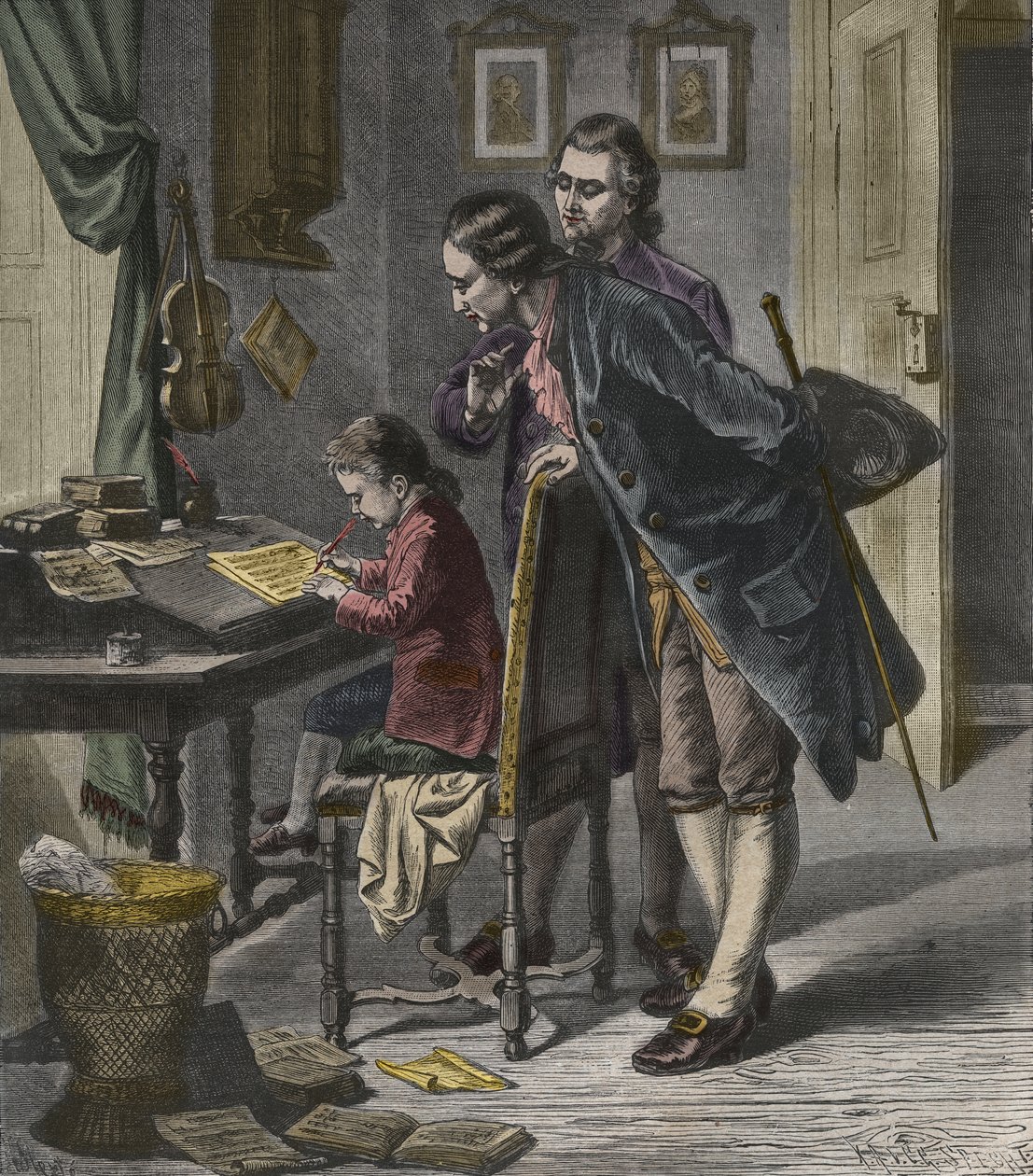 Wolfgang Amadeus Mozart schrijft een concerto in aanwezigheid van zijn vader, Leopold, illustratie uit 