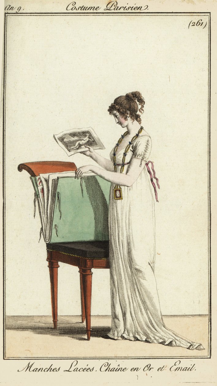 Vrouw die naar een portfolio van gravures kijkt door French School