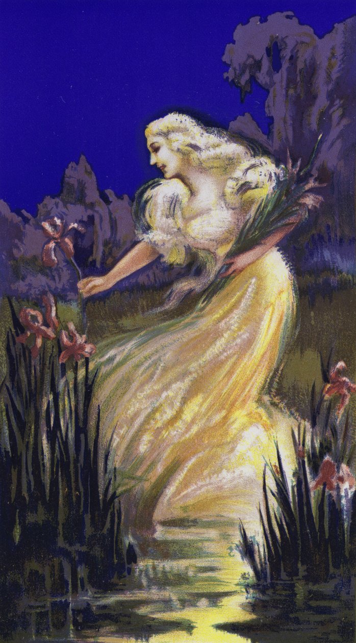Vrouw plukt irissen (kleurenlitho) door French School