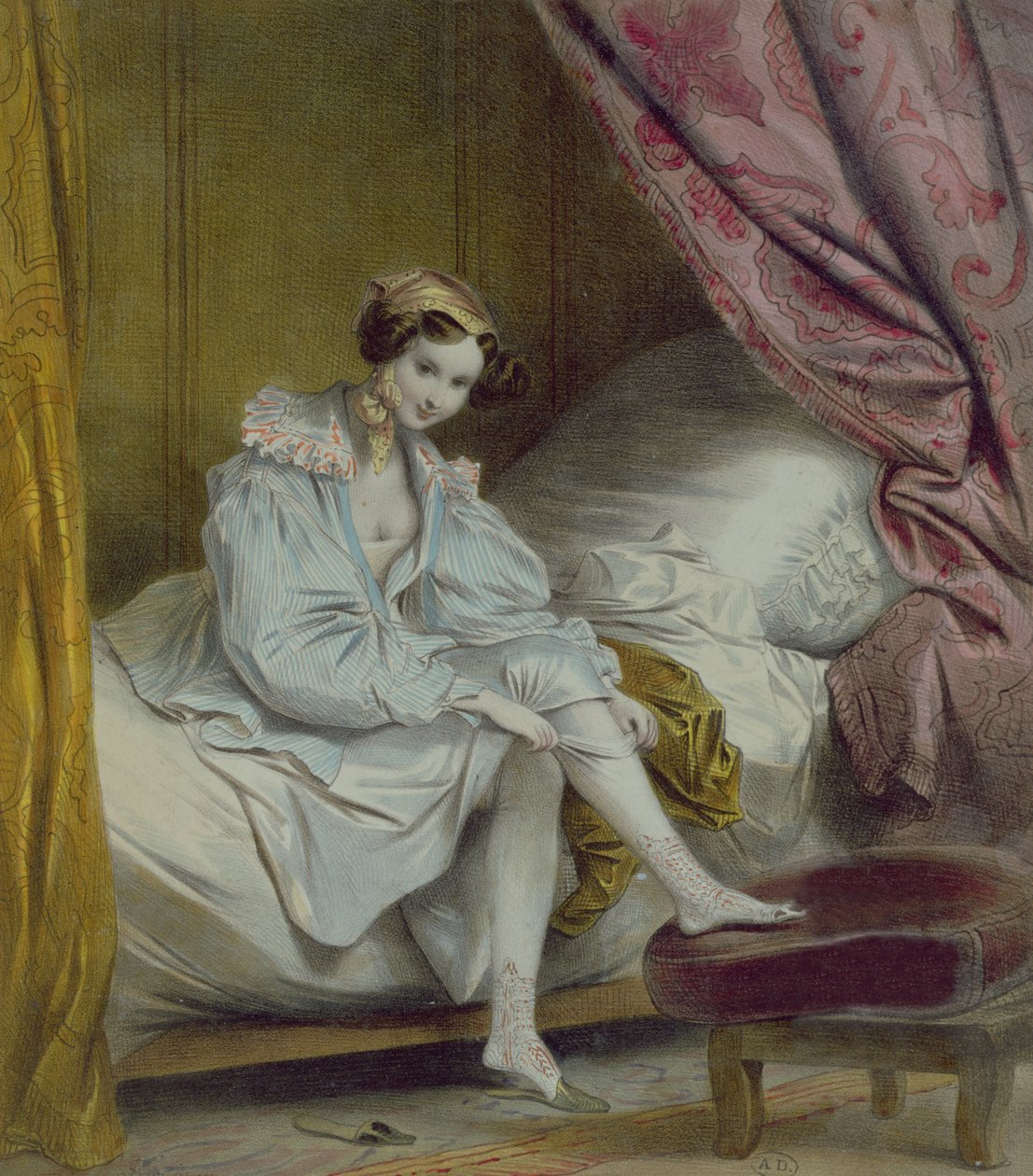 Vrouw die kousen aantrekt, ca. 1830 door French School