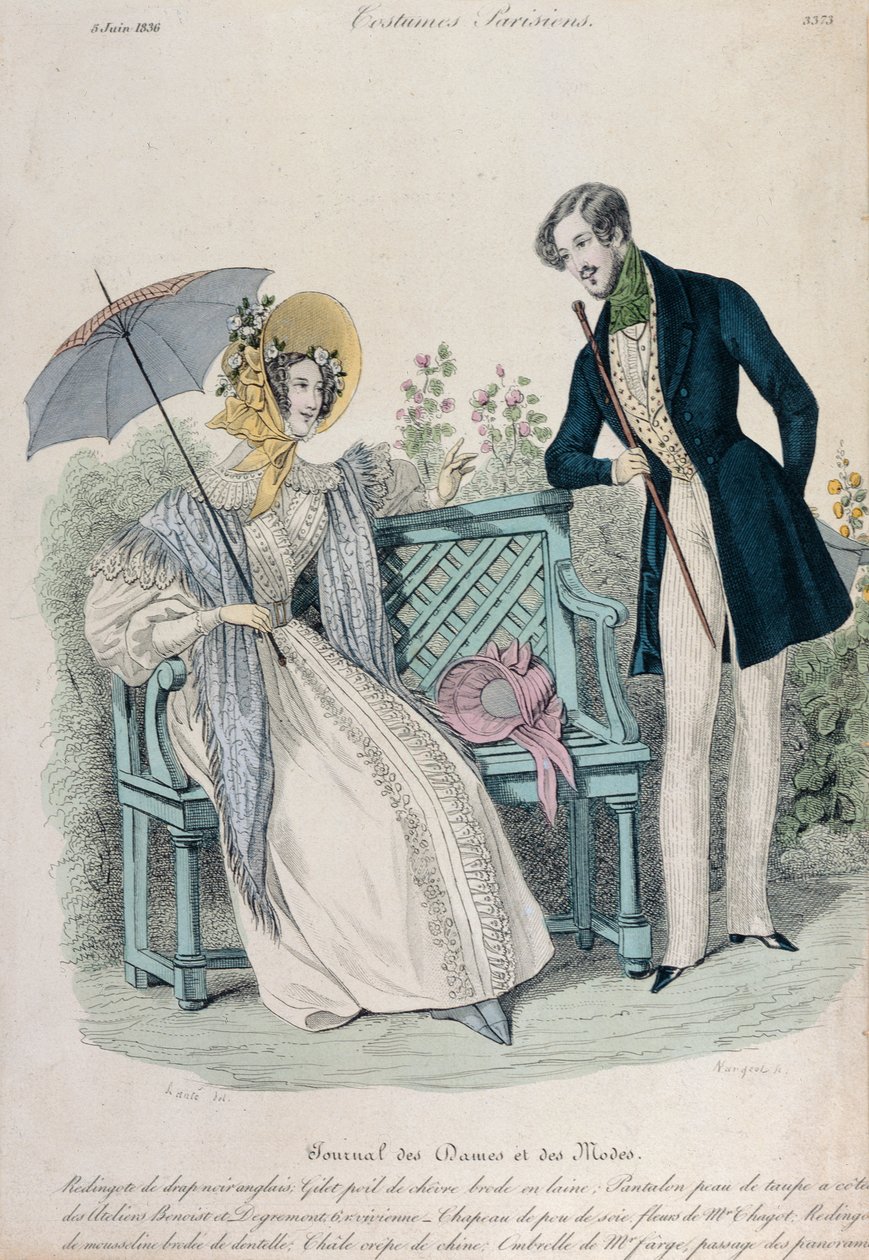 Vrouw met paraplu en man in rokjas in een tuin, modeplaat uit Journal des Dames et des Modes, 5 juni 1836 door French School