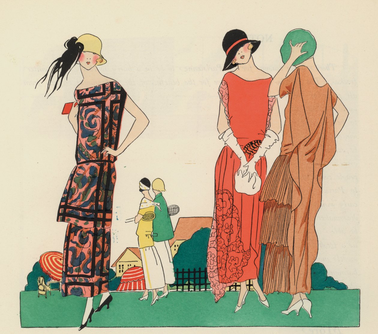 Ontwerpen van damesjurken uit de jaren 1920 door Premet en Christoph Drecoll. (kleurenlitho) door French School