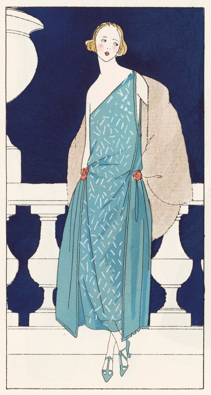 Vrouwenavondjurk van ontwerpster Jenny (Jenny Sacerdote) in de jaren 1920 (kleurenlitho) door French School