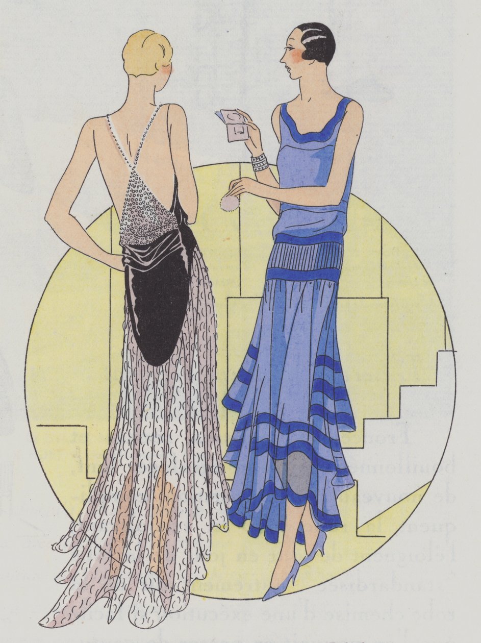 Avondmode voor dames uit de jaren 1930 van de ontwerpers Jenny en Philippe et Gaston (kleurenlitho) door French School