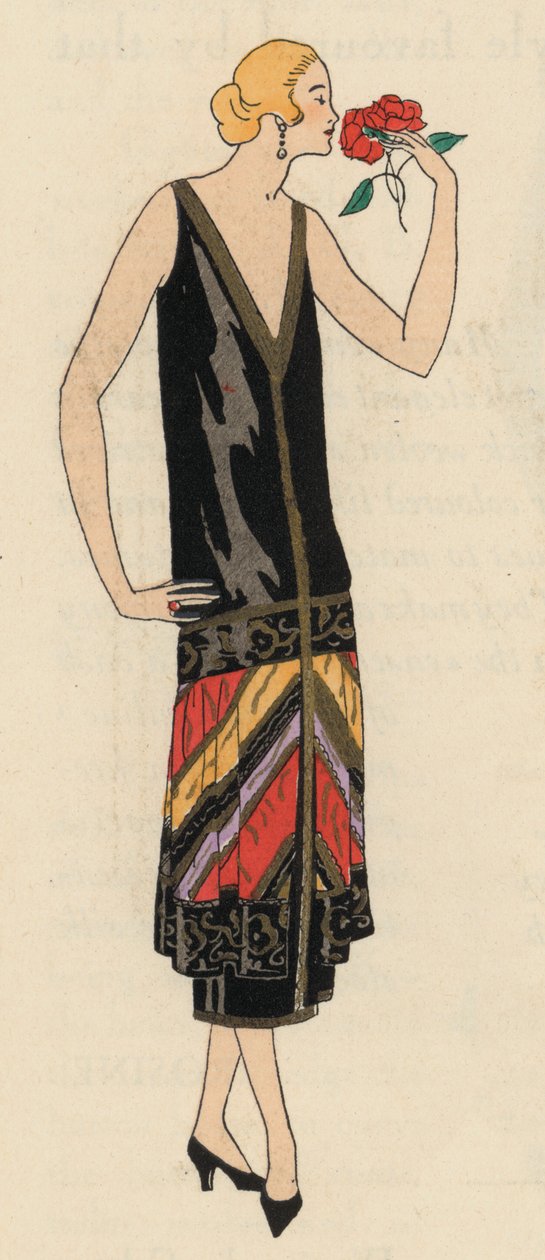 Avondkleding voor dames uit de jaren 1920 van ontwerper Georges Doeuillet (kleurenlitho) door French School