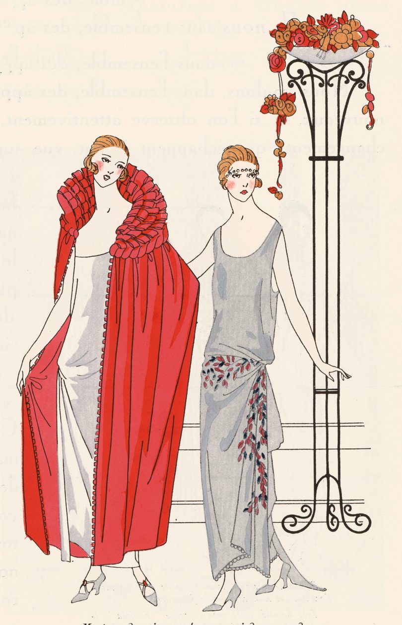 Avondkleding voor dames uit de jaren 1920 van modeontwerper Premet (kleurenlitho) door French School