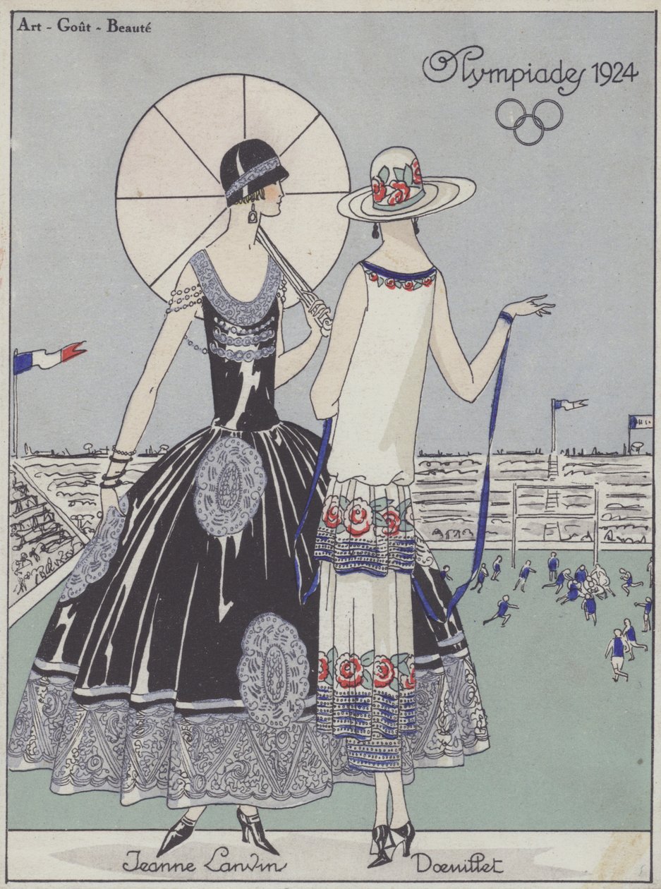 Damesmode op de Olympische Spelen van 1924 door ontwerpers Jeanne Lanvin en Georges Doeuillet (kleurenlitho) door French School