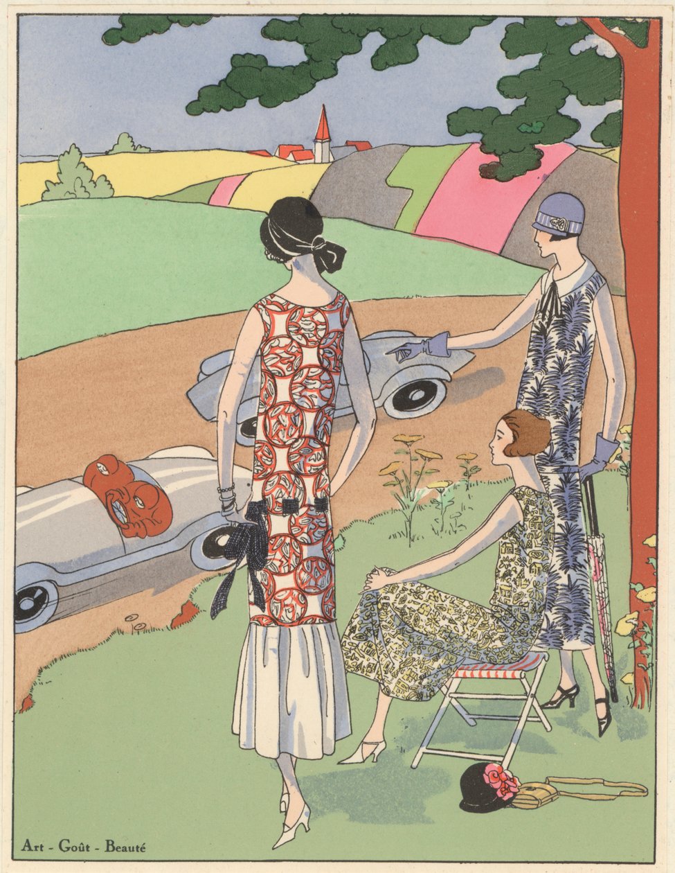 Damesmode uit de jaren 1920: kijken naar sportwagenraces (kleurenlitho) door French School