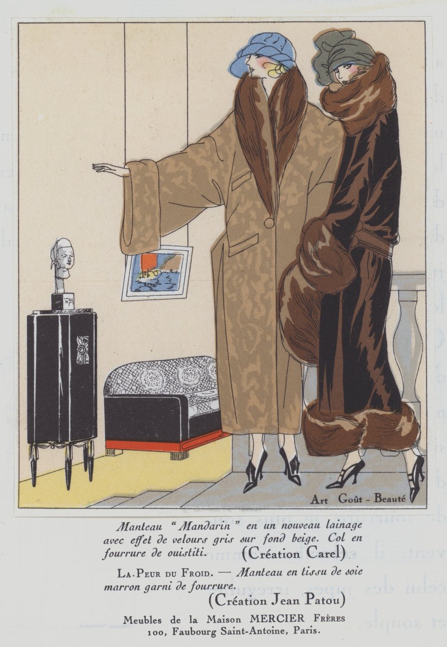 Damesmode uit de jaren 1920 van ontwerpers Carel en Jean Patou (kleurenlitho) door French School