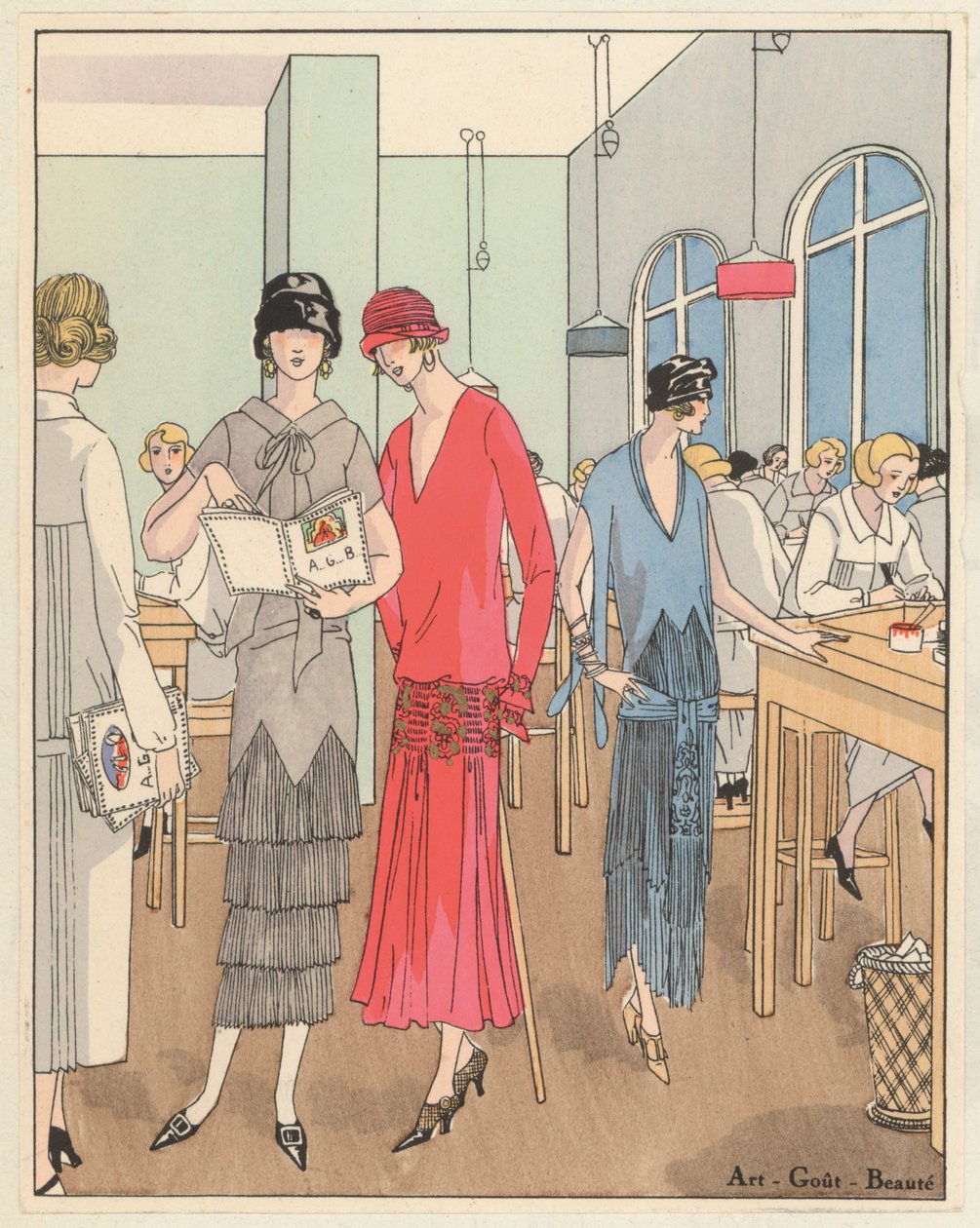 Damesmode uit de jaren 1920 van ontwerpers Jean Patou en Georges Doeuillet (kleurenlitho) door French School