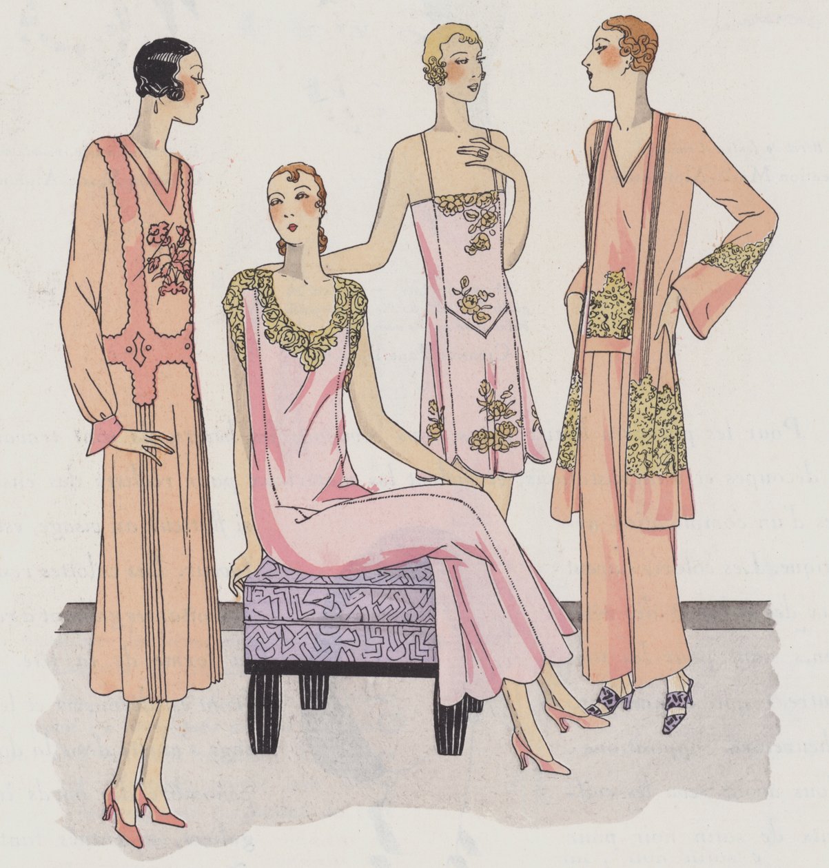 Dameslingerieontwerp uit de jaren 1930 van ontwerpers Redfern en Rouff (kleurenlitho) door French School