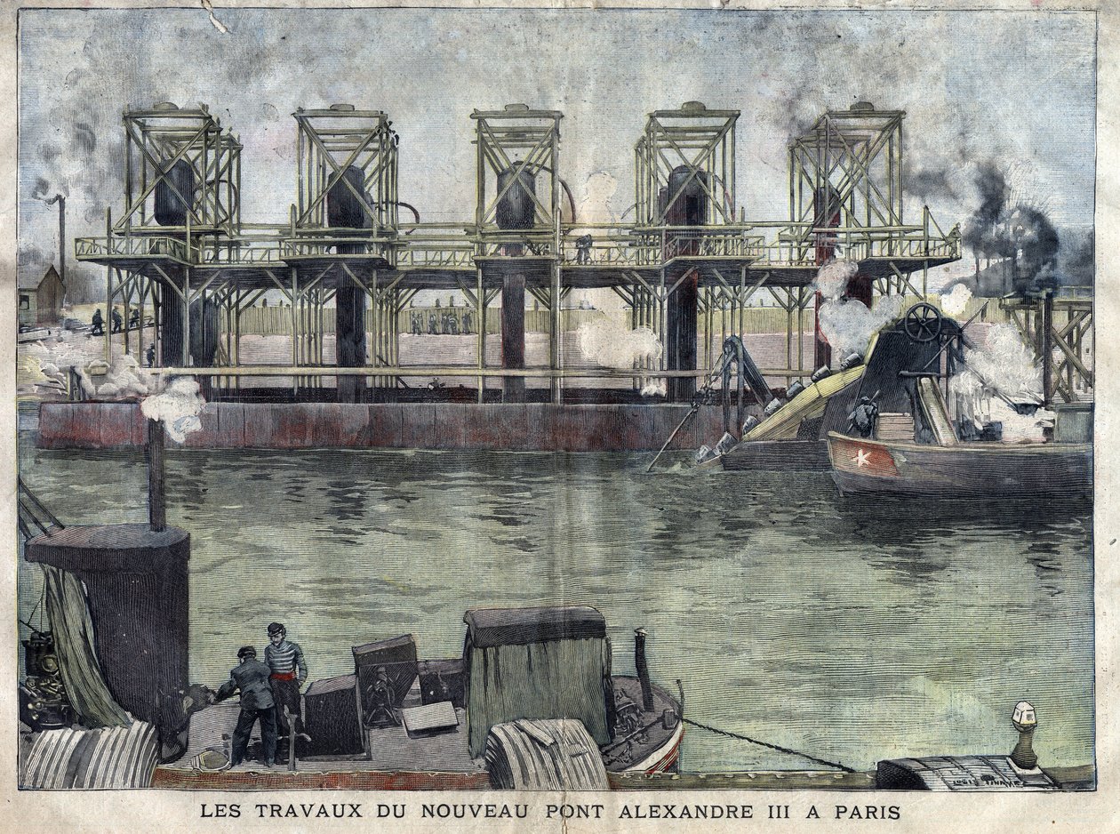 Werken in Parijs aan de Pont Alexandre III. Gravure van april 1898 in 
