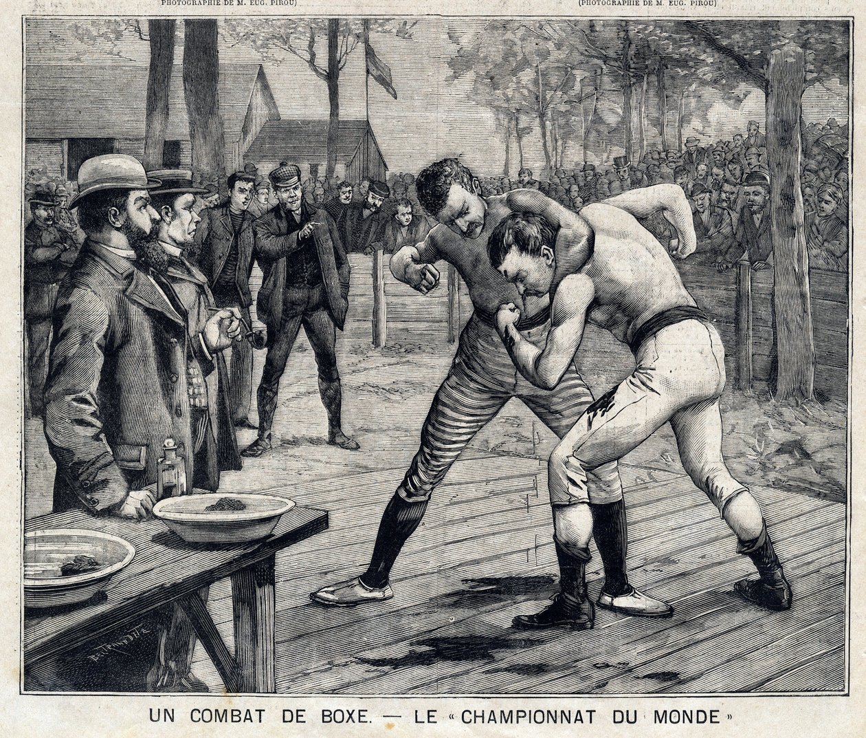 Wereldkampioenschap: bokswedstrijd tussen Jim Corbett en Bob Fitzsimmons in Carson, Nevada, Verenigde Staten: In The Little Parisien op 11/04/1897 door French School