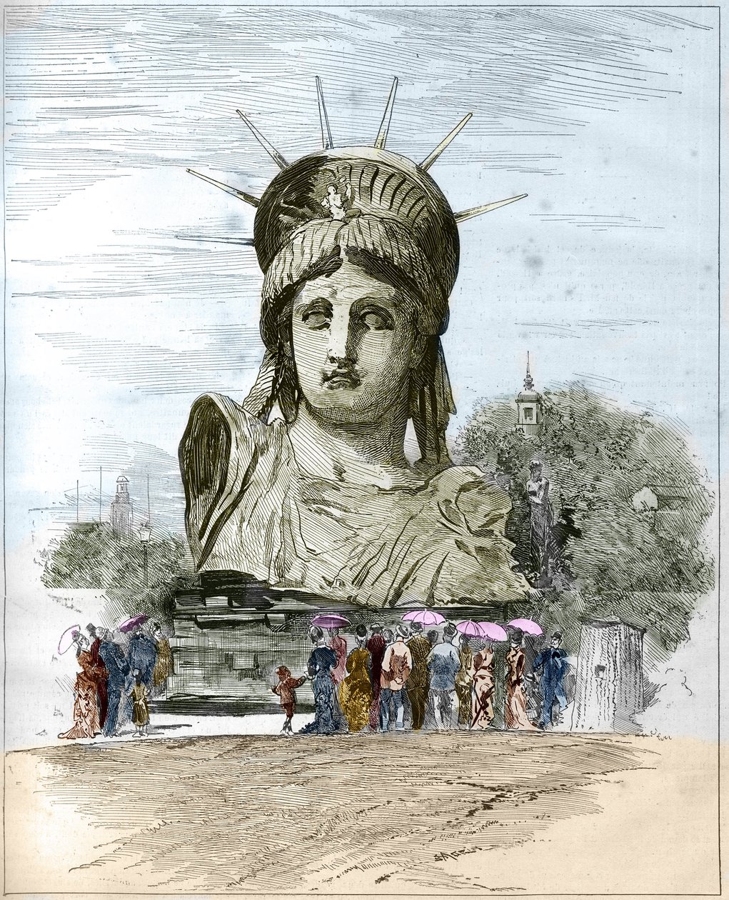 Wereldtentoonstelling 1878 in Parijs: het hoofd van het Vrijheidsbeeld door Frederic Auguste Bartholdi (1834-1904). Gravure door Edgard Morin in 