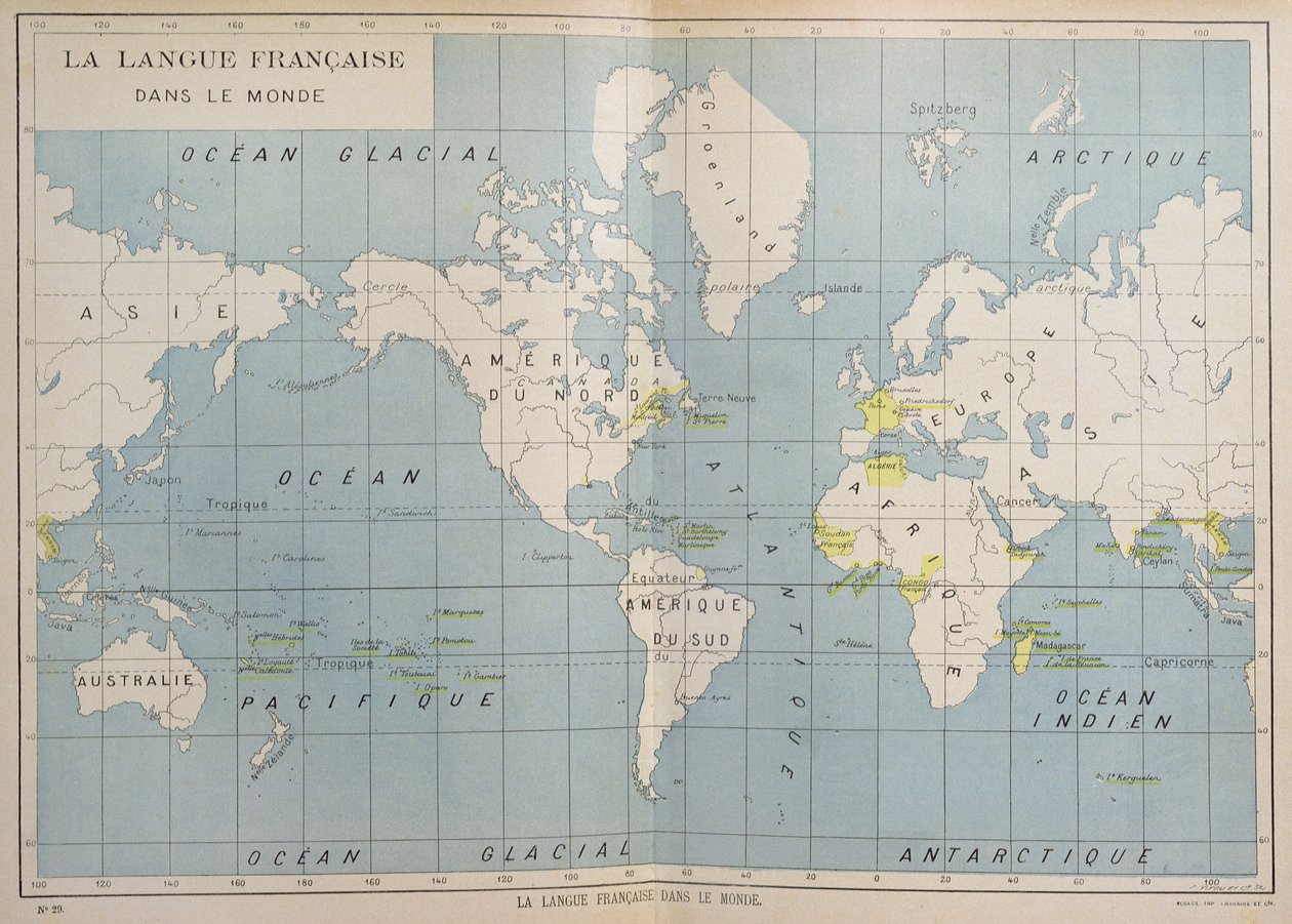 Wereldkaart van Franstalige landen, begin 20e eeuw door French School